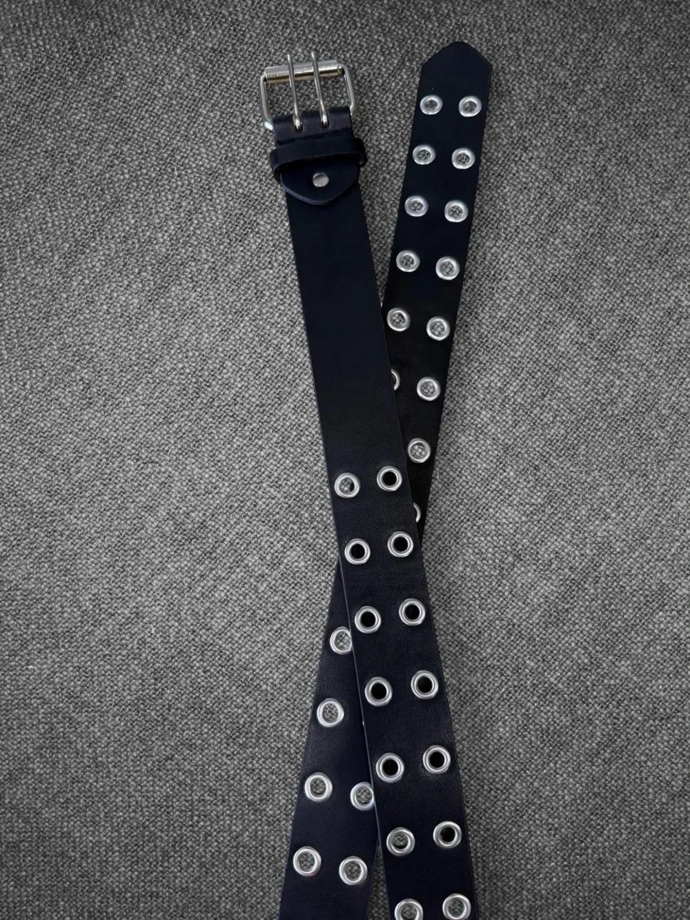 Black Wide Double Row Grommet Belt Silver Double Prong Buckle Punk Y2K